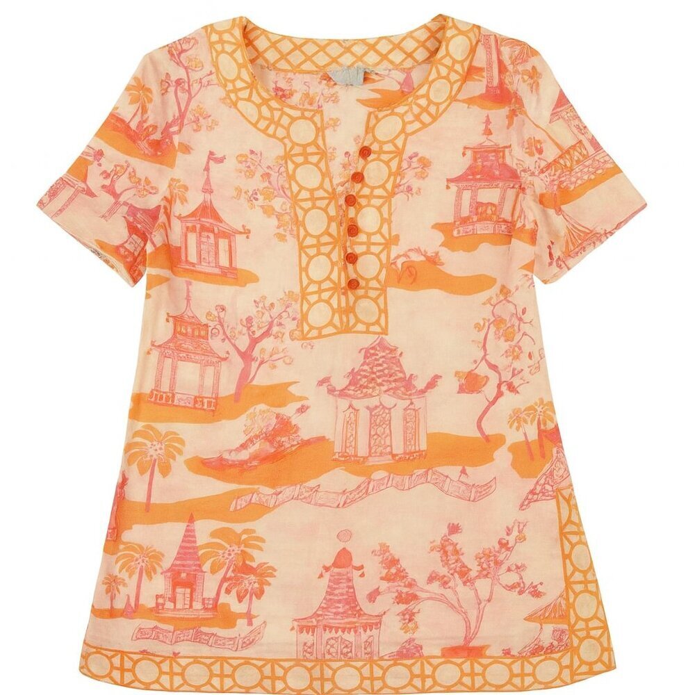 Gretchen Scott Pagoda Paradise Orange Pink Tunic Top Size Small